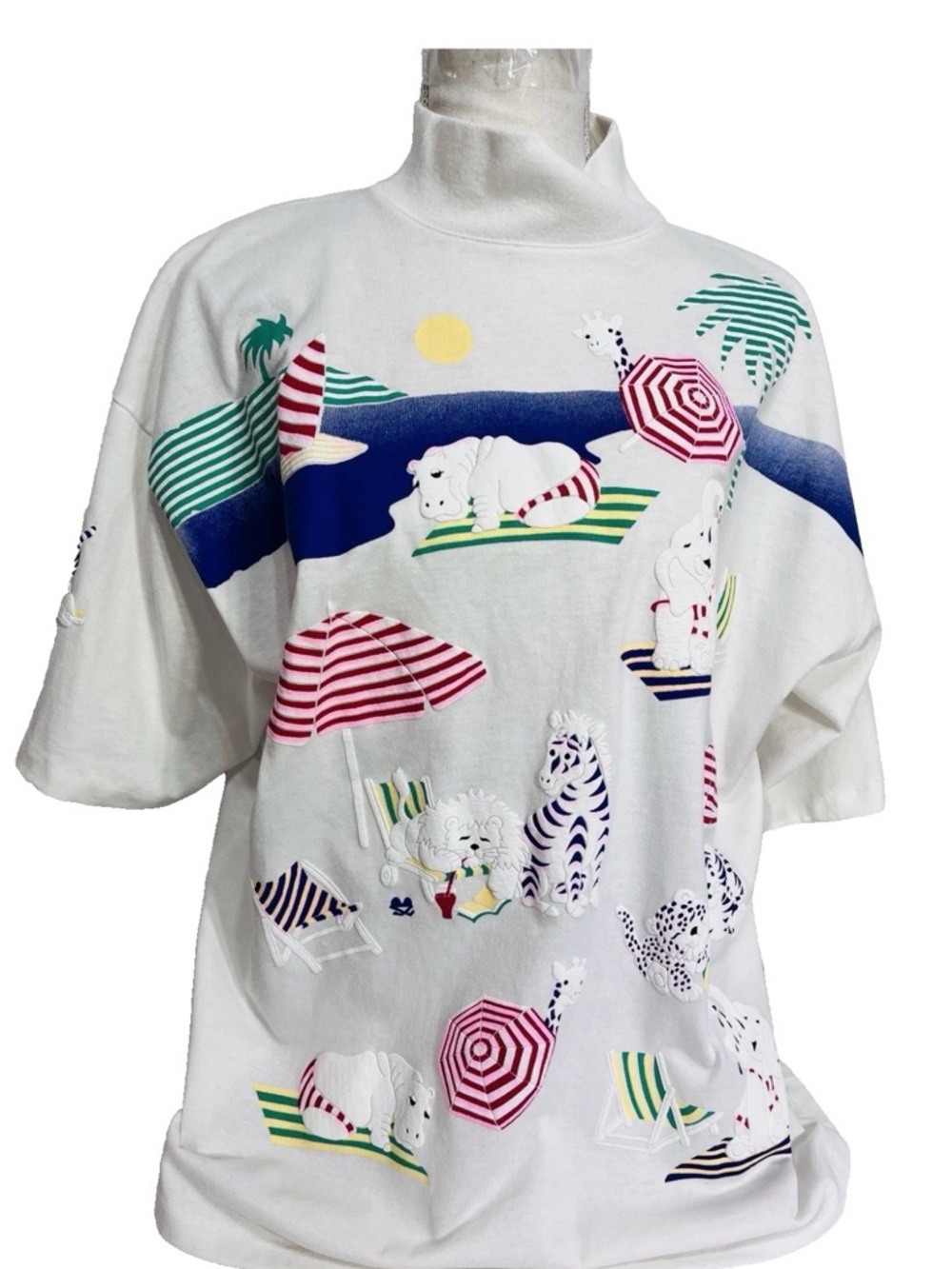 RARE Vtg Spumoni Puff Print Mock Neck Women’s Large Animal Beach Print Tee Large